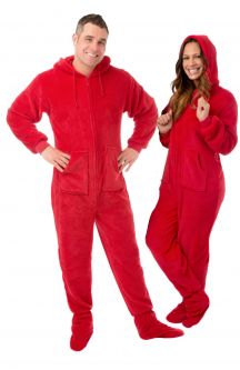 Hoodie Footed Red Plush Onesie Pajamas for Men & Women